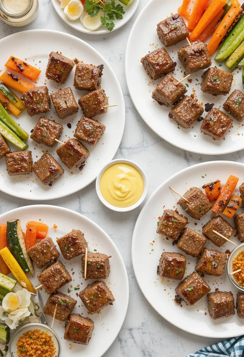 Overhead view of four white plates arranged on a marble countertop, each containing perfectly seared garlic butter steak bites with a glossy finish. The steak cubes are accompanied by colorful roasted vegetables including orange carrots and green zucchini. Small bowls of yellow mustard sauce and breadcrumbs are visible, along with some garnishes of fresh herbs. Some steak pieces are skewered with toothpicks for easy serving.