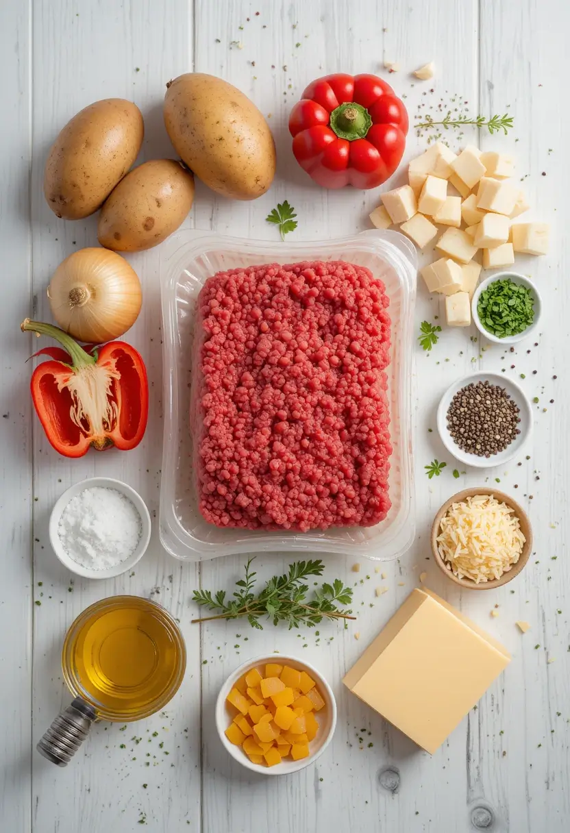 Ingredients for ground beef and potato recipes, including potatoes, ground beef, red bell pepper, onion, cheese, and seasoning.