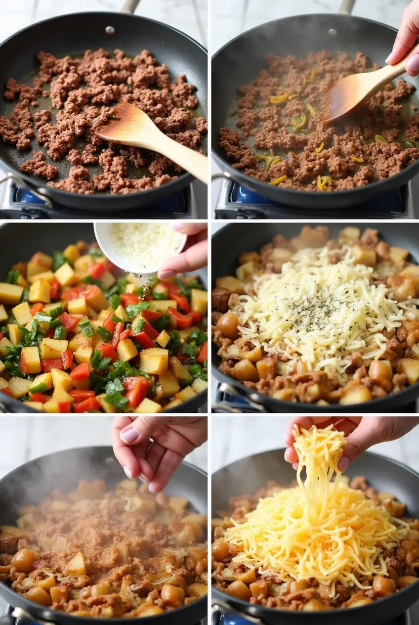 Step-by-step cooking process of ground beef and potato recipe with images showing sautéing beef, adding vegetables, and topping with cheese.
