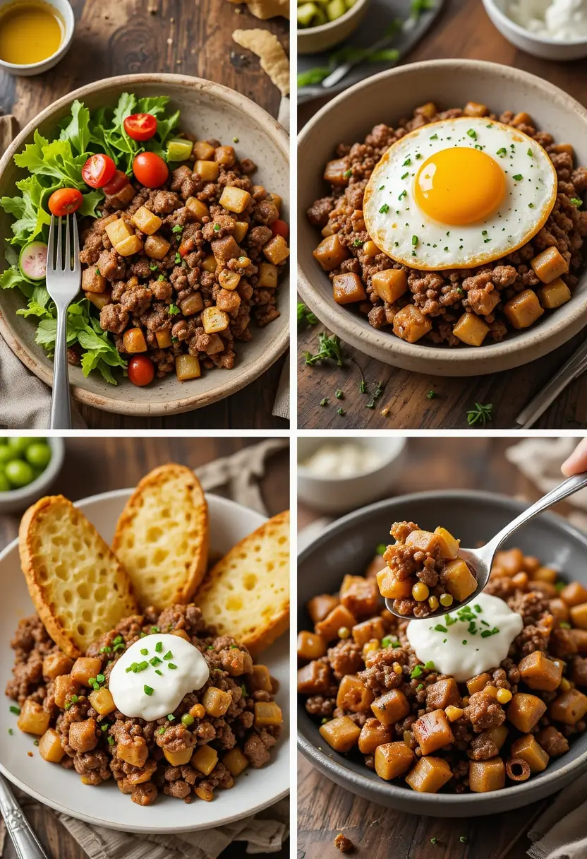 Finished dish of ground beef and potatoes served with a fried egg on top, garnished with herbs and accompanied by slices of toasted bread.
