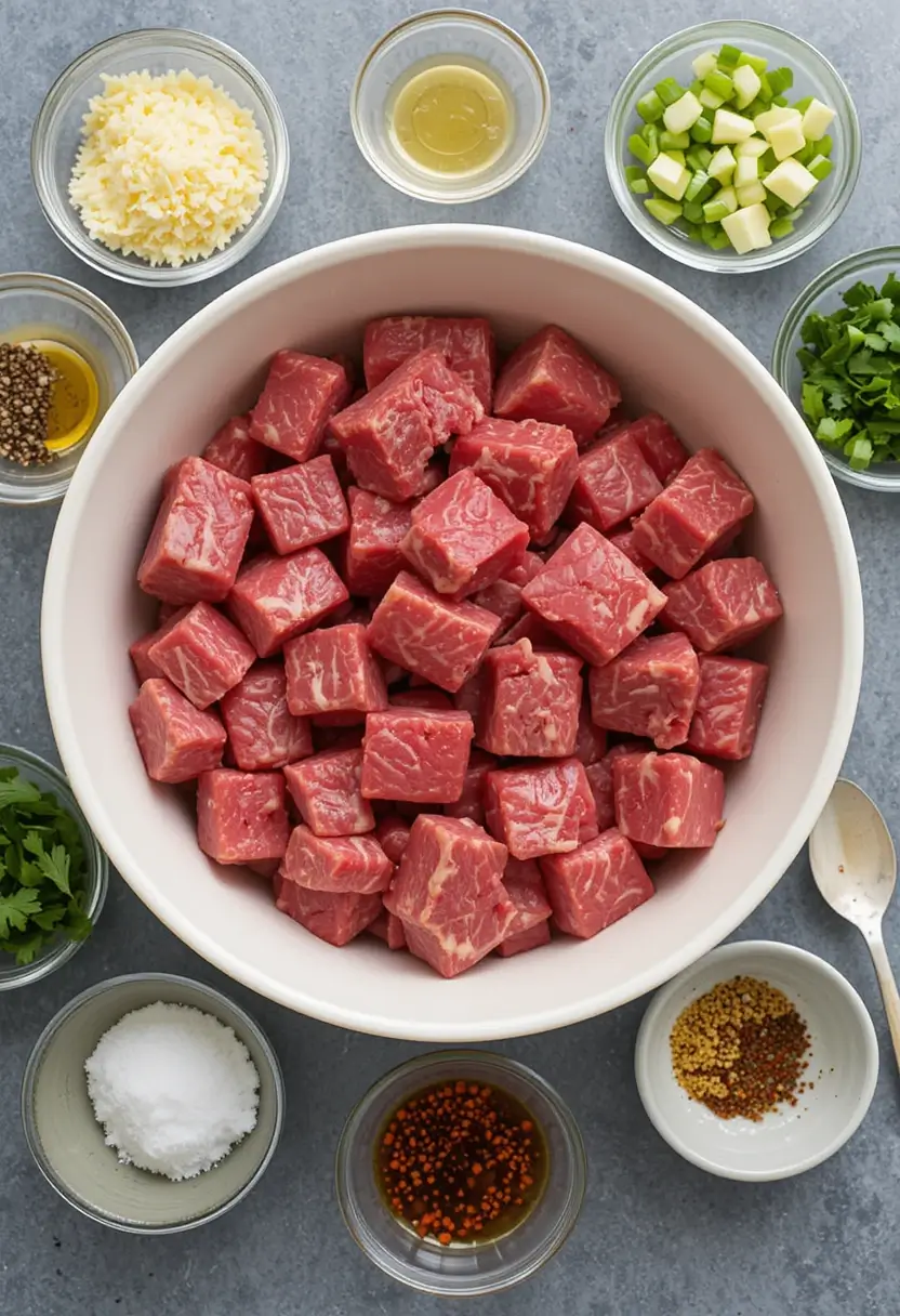 Fresh ingredients for garlic butter steak bites recipe, featuring a white bowl of perfectly cubed raw beef surrounded by small glass bowls containing minced garlic, diced green onions, fresh herbs, olive oil, salt, and various seasonings on a gray stone surface.