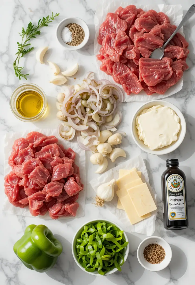 Top-down view of raw ingredients for Keto Philly Cheesesteak Roll Ups including sliced ribeye steak, green bell pepper, onion, garlic, olive oil, provolone cheese, cream cheese, Worcestershire sauce, and seasonings on a marble surface.