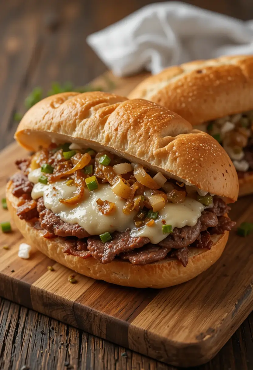 Close-up of a Philly cheesesteak sandwich on a wooden board, featuring sliced beef, melted cheese, and sautéed onions and green peppers in a toasted hoagie roll.