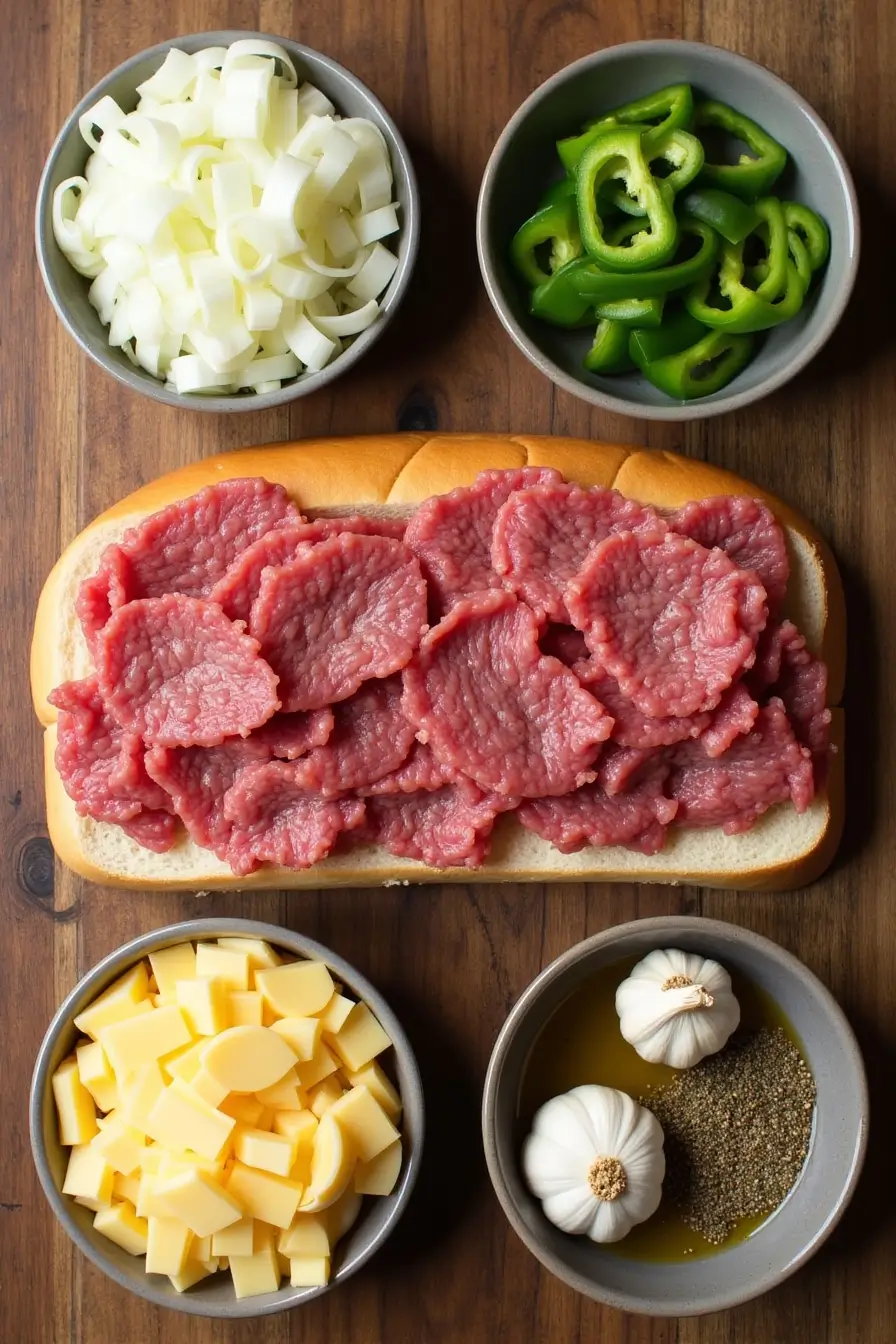 Philly Cheese steak sandwich Ingredients Layout Overhead view of Philly cheesesteak ingredients arranged on a wooden surface, including a hoagie roll topped with raw sliced beef in the center, surrounded by bowls of chopped onions, sliced green bell peppers, cubed cheese, and a mixture of garlic, oil, and black pepper.