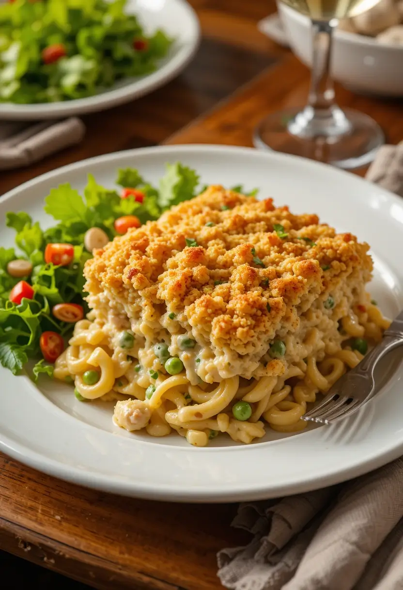 Served portion of creamy tuna noodle casserole with golden breadcrumb topping on a white plate, accompanied by a fresh green salad with cherry tomatoes, with a glass of white wine visible in the background.