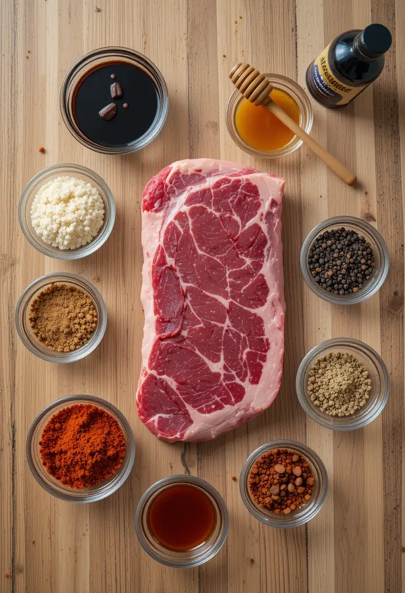 A slab of raw beef surrounded by small glass bowls containing various spices, sauces, and seasonings on a wooden surface.
