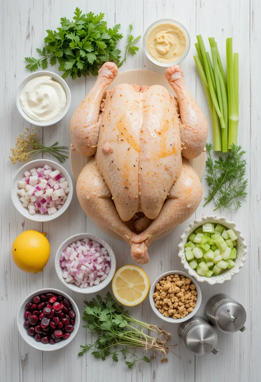 A flat lay photo of raw chicken and various chicken salad ingredients, including chopped red and white onions, celery, dried cranberries, nuts, parsley, mayonnaise, and lemon, all arranged neatly on a white wooden surface.