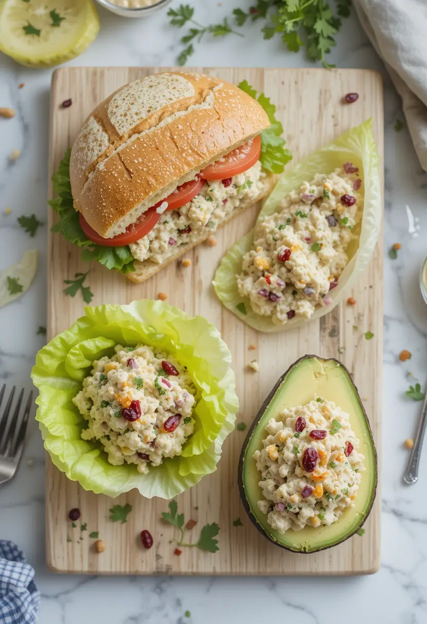 A wooden board displaying different serving ideas for chicken salad, including a sandwich with lettuce and tomato, lettuce wraps, and a halved avocado filled with chicken salad.