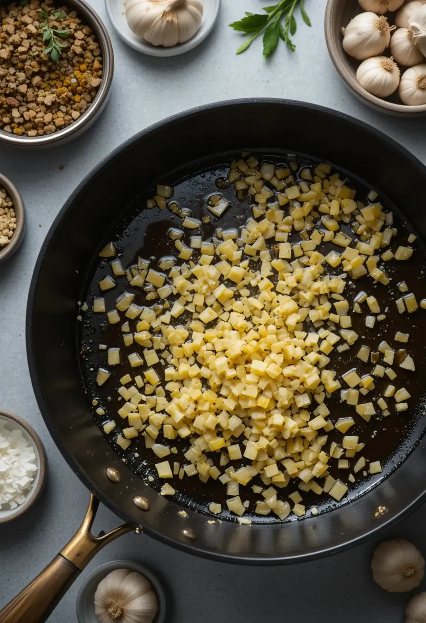 Finely diced garlic sautéing in butter in a black pan with brass handle, surrounded by fresh garlic bulbs, herbs, and small bowls of seasonings on a light gray surface. The golden minced garlic is cooking evenly in oil, preparing the aromatic base for garlic butter steak bites.