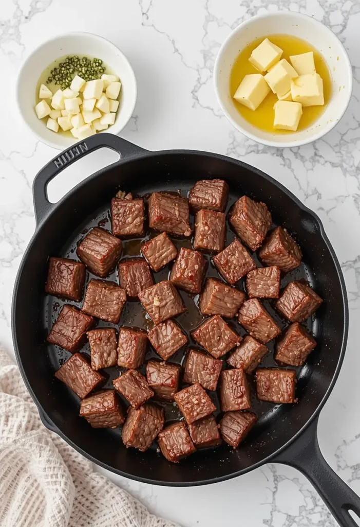 Overhead view of a cast iron skillet filled with perfectly seared steak bites cut into uniform cubes. Above the skillet are two small white bowls: one containing cubed butter in melted olive oil or butter, and another with cubed butter and what appears to be minced garlic or green peppercorns. The skillet and bowls are arranged on a white marble countertop with a corner of a cream-colored cloth napkin visible in the bottom left.