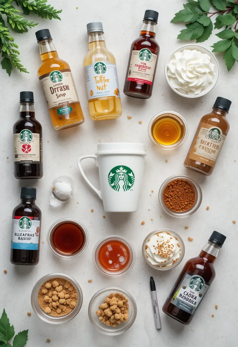 Flatlay of Starbucks syrup bottles including Brown Sugar, Toffee Nut, Raspberry, and other flavors arranged around a white Starbucks mug, with whipped cream, various toppings, and small dishes of ingredients on a white surface decorated with green leaves.