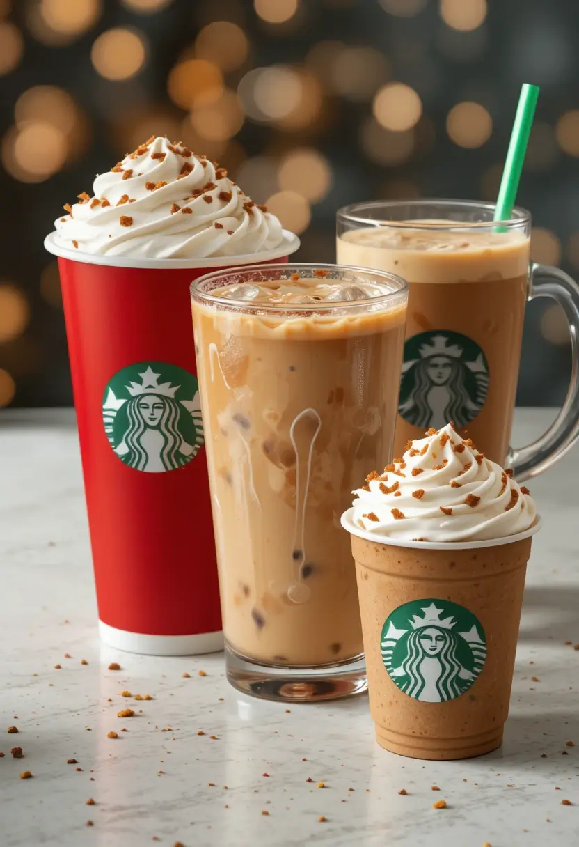 Four Starbucks beverages in different sizes and styles - a tall red holiday cup with whipped cream and sprinkles, a clear glass of iced coffee with milk, a hot coffee in a glass mug, and a small cold cup, all featuring caramel-colored drinks with whipped cream toppings against a festive bokeh background.