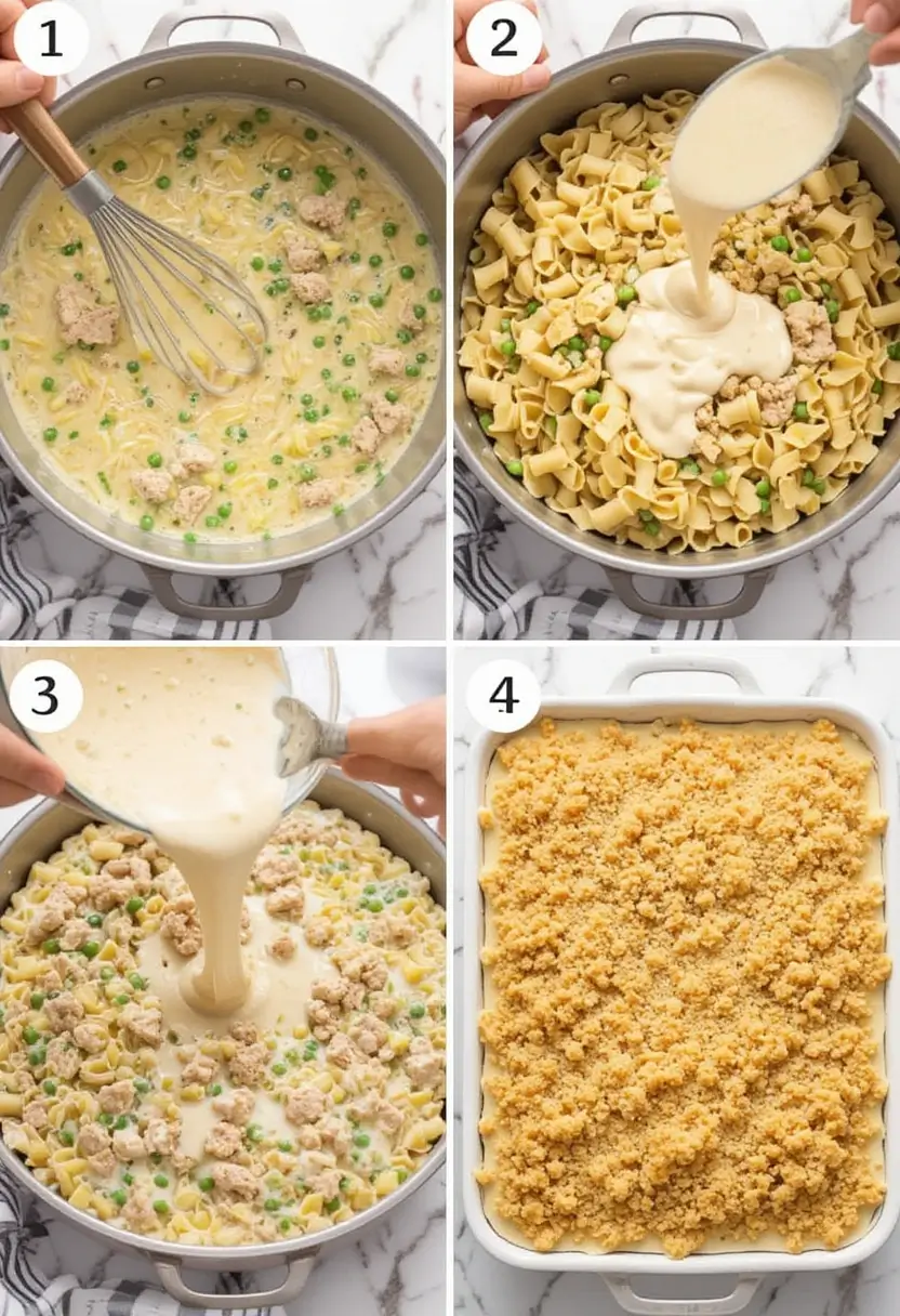 Four-panel step-by-step preparation of tuna noodle casserole showing: 1) creamy sauce with peas in a pot, 2) adding egg noodles to the mixture, 3) pouring additional sauce over the combined ingredients, 4) final casserole with golden breadcrumb topping in a baking dish.