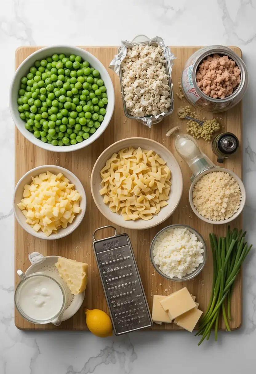 Ingredients for tuna noodle casserole displayed on a wooden cutting board, including green peas, egg noodles, tuna, diced cheese, onions, breadcrumbs, dairy, butter, lemon, herbs, and a cheese grater.