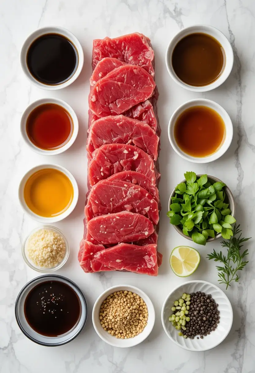 Flat lay of sashimi-grade ahi tuna slices surrounded by small bowls of ingredients including soy sauce, sesame oil, rice vinegar, garlic, lime, herbs, and seasonings on a marble surface.