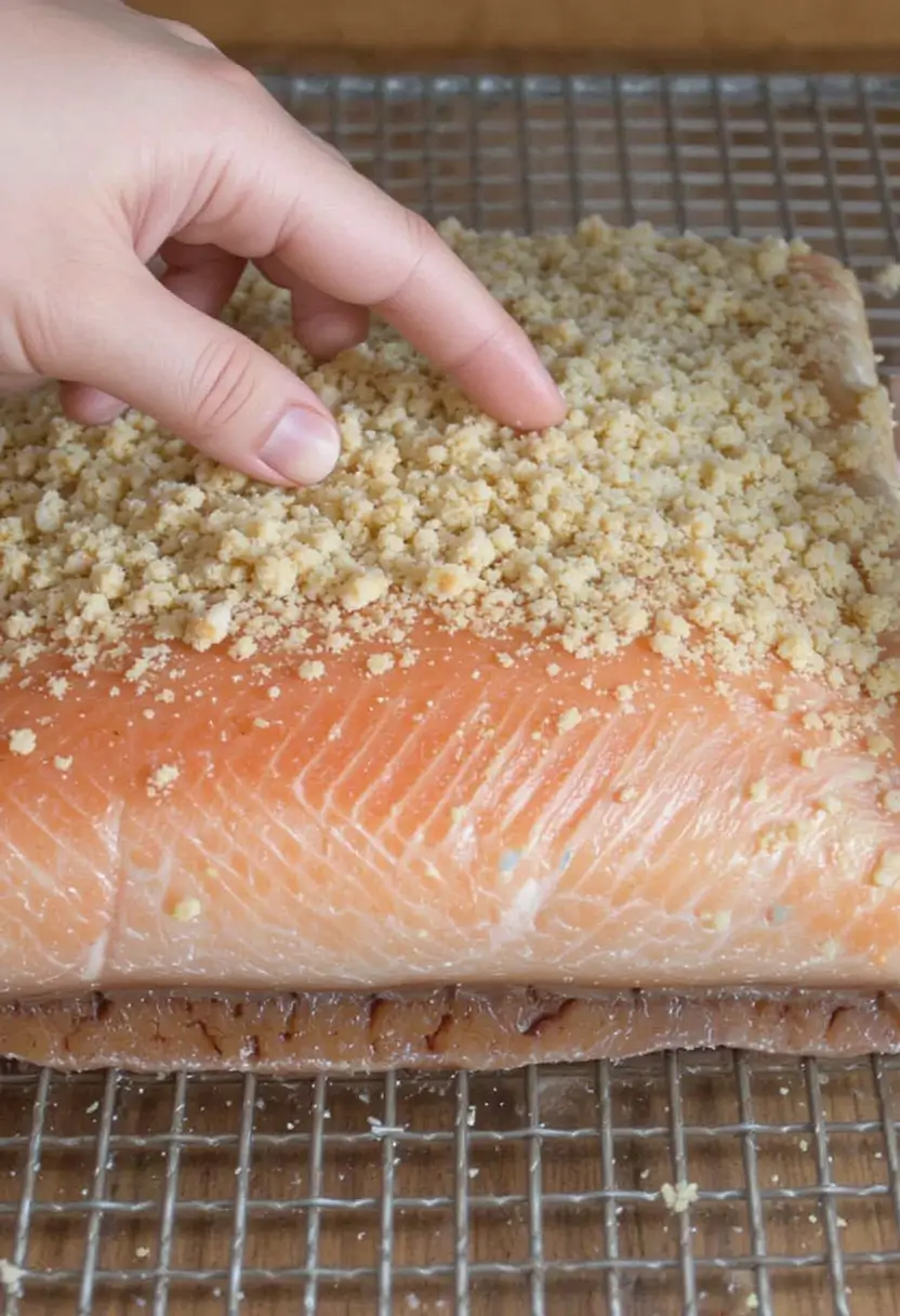 Close-up of a hand pressing a dry brine mixture onto a raw salmon fillet resting on a wire rack, part of the smoked salmon preparation process.