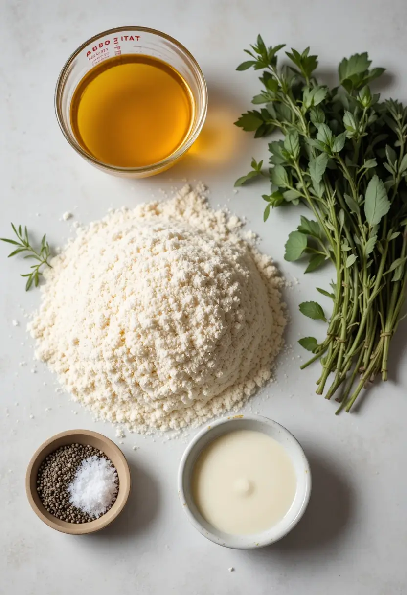 Ingredients for chicken gravy recipe: butter, flour, chicken broth, fresh thyme, rosemary, sage, salt, pepper, and cream displayed on a kitchen counter