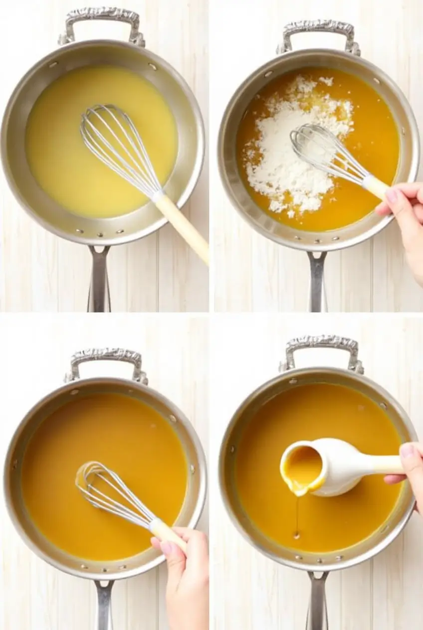Step-by-step images showing how to make chicken gravy: melting fat, making a roux, adding broth, and simmering to finish