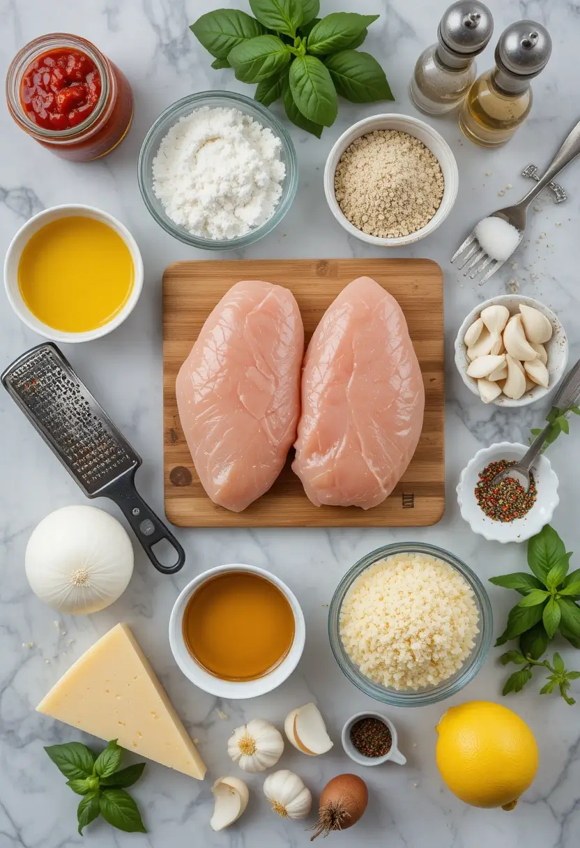 Overhead view of ingredients for chicken parmesan, including raw chicken breasts, garlic, grated cheese, breadcrumbs, tomato sauce, fresh basil, and seasonings on a marble surface.
