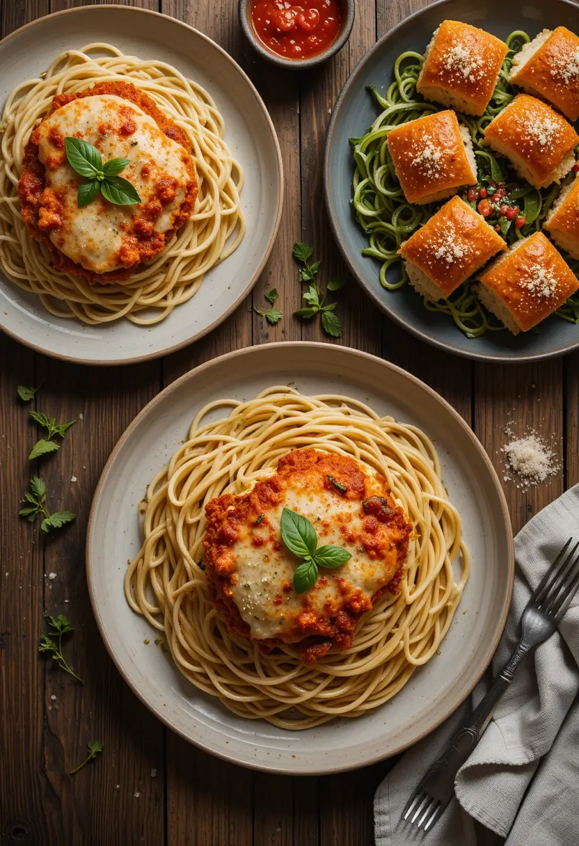 Plates of chicken parmesan served on top of spaghetti with a side dish of bread rolls and zucchini noodles, garnished with fresh basil on a rustic wooden table.