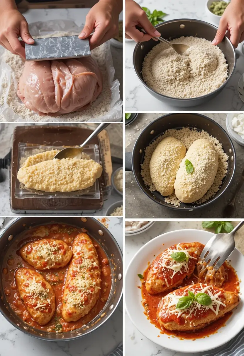 Step-by-step photo collage showing the process of preparing chicken parmesan, including breading the chicken, cooking in tomato sauce, and the finished dish with melted cheese.