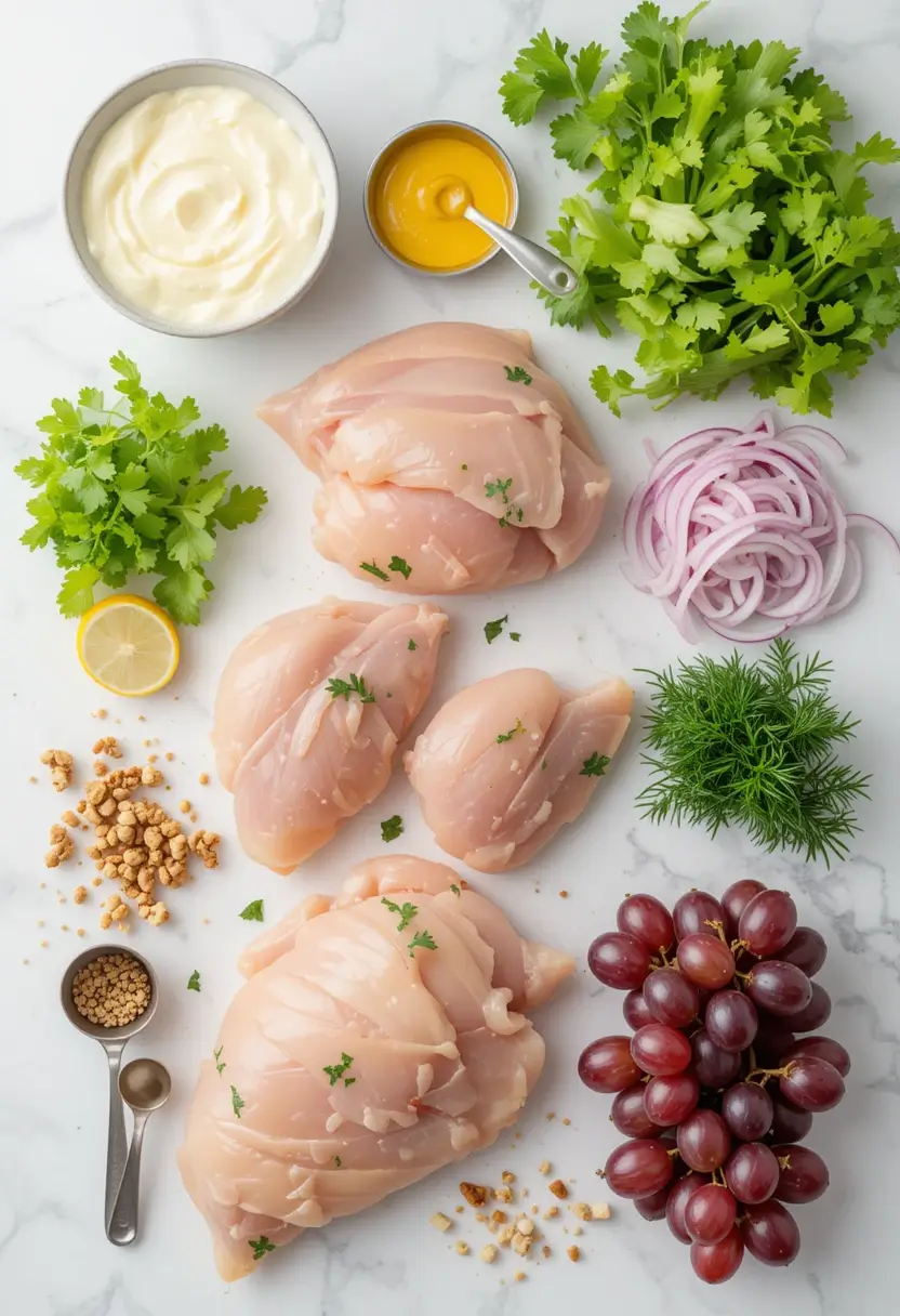 Flat lay of fresh chicken salad ingredients on a white surface, including raw chicken breasts, red grapes, sliced red onions, fresh herbs like dill and parsley, celery, a halved lemon, mayonnaise, mustard, and small piles of chopped nuts.