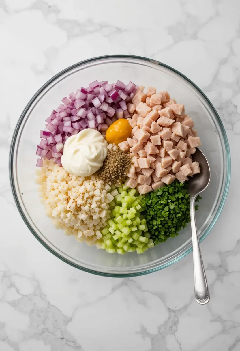 Flat-lay view of chicken salad ingredients in a glass bowl: diced red onion, chicken, egg yolk, mayonnaise, cheese, celery, fresh herbs, and spices arranged in neat sections before mixing.