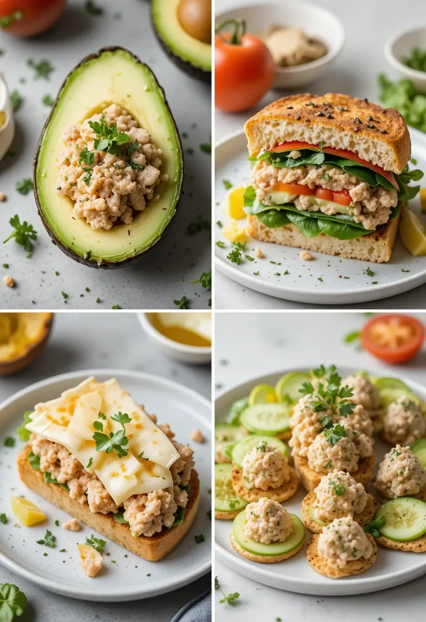 Four creative ways to serve chicken salad: in avocado halves, on toasted sandwich bread with greens and tomato, on an open-faced toast with cheese, and on crackers with cucumber slices and parsley garnish.