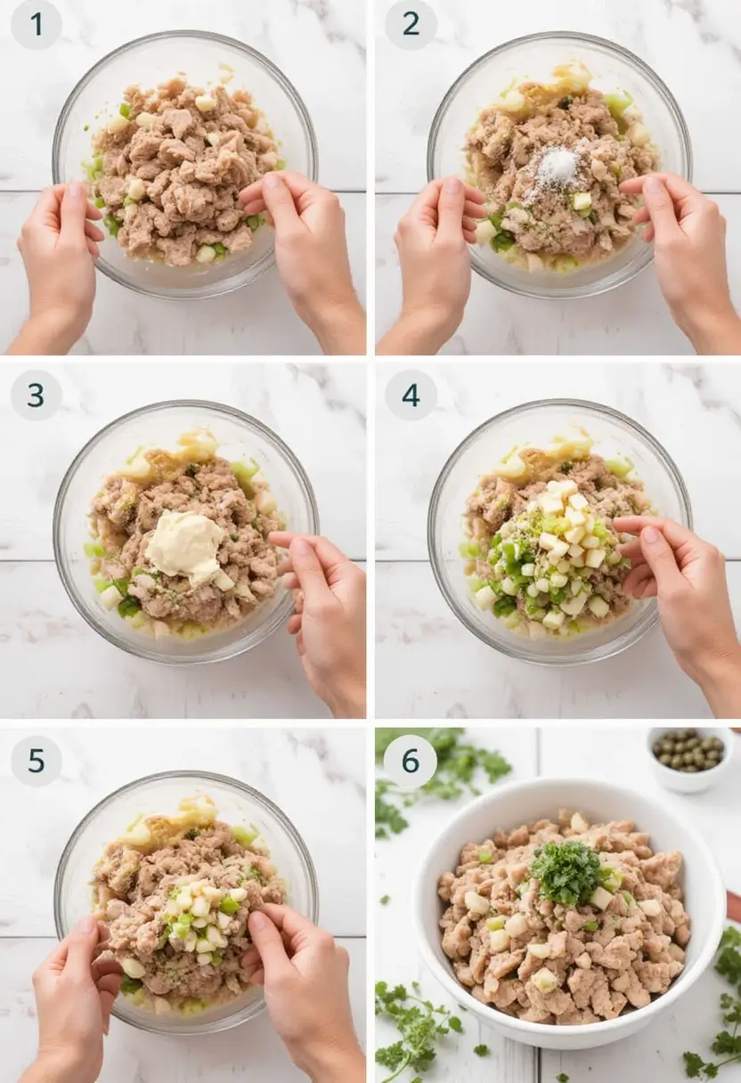 Step-by-step photos of making chicken salad: combining chicken, celery, seasonings, mayonnaise, diced vegetables, and mixing everything together in a bowl.