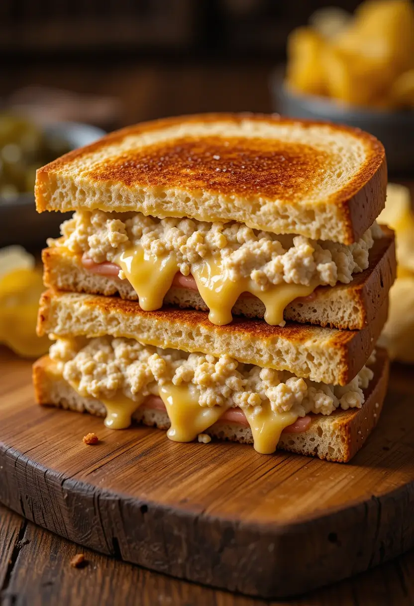 Close-up of a tuna melt sandwich cut in half on a wooden board, featuring crispy toasted bread, creamy tuna salad with visible red onion bits, and stretchy melted cheddar cheese, accompanied by pickle slices.