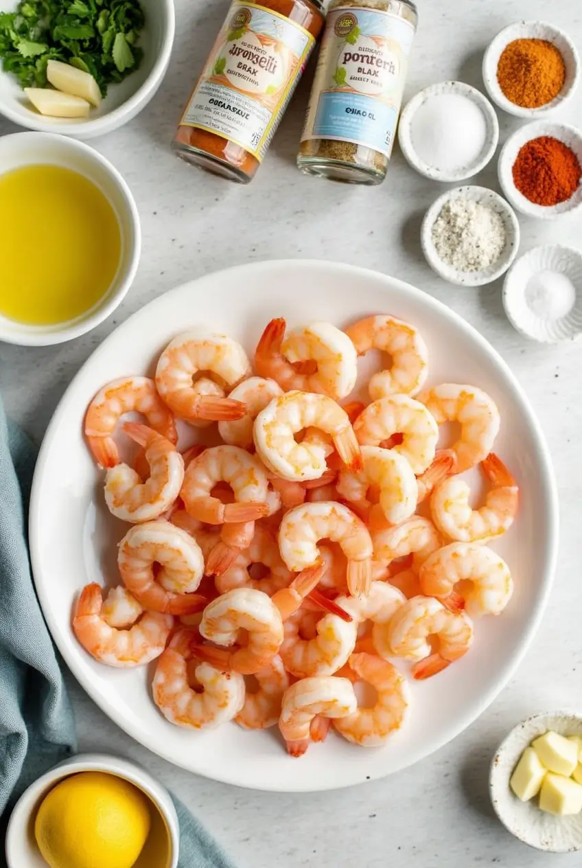 Flat lay of frozen raw shrimp, olive oil, spices, fresh lemon, parsley, and other ingredients arranged on a white kitchen counter.
