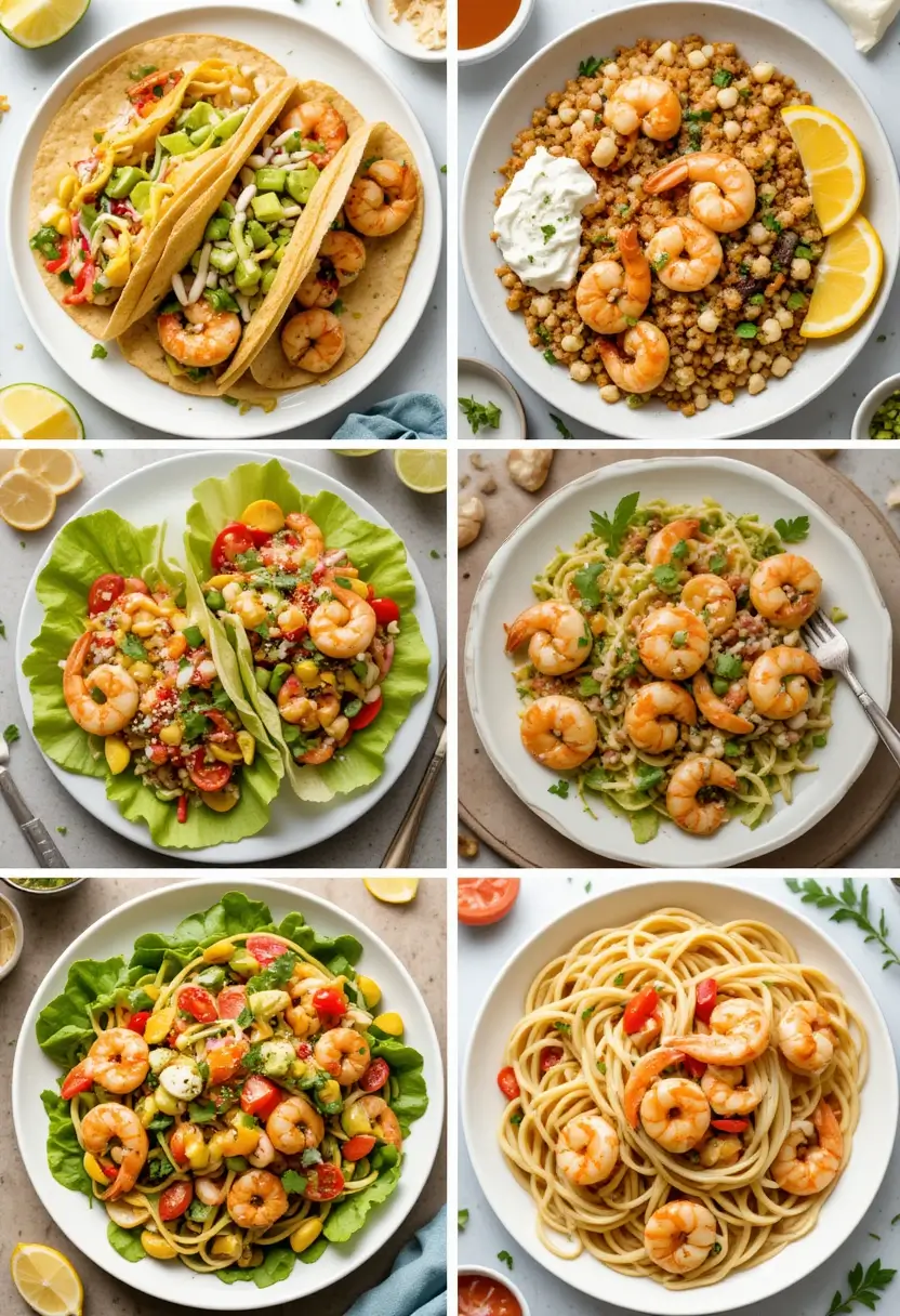 Colorful spread of serving ideas for air-fried shrimp, including tacos, Mediterranean bowl, lettuce wraps, tropical salad, and zoodles.
