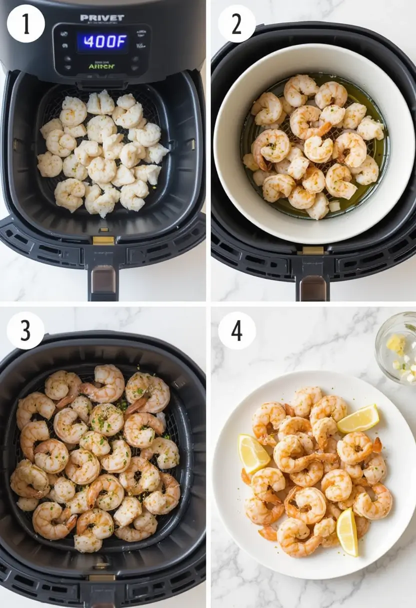 Four-step collage showing preheating the air fryer, seasoning frozen shrimp, arranging shrimp in the basket, and serving the cooked shrimp.