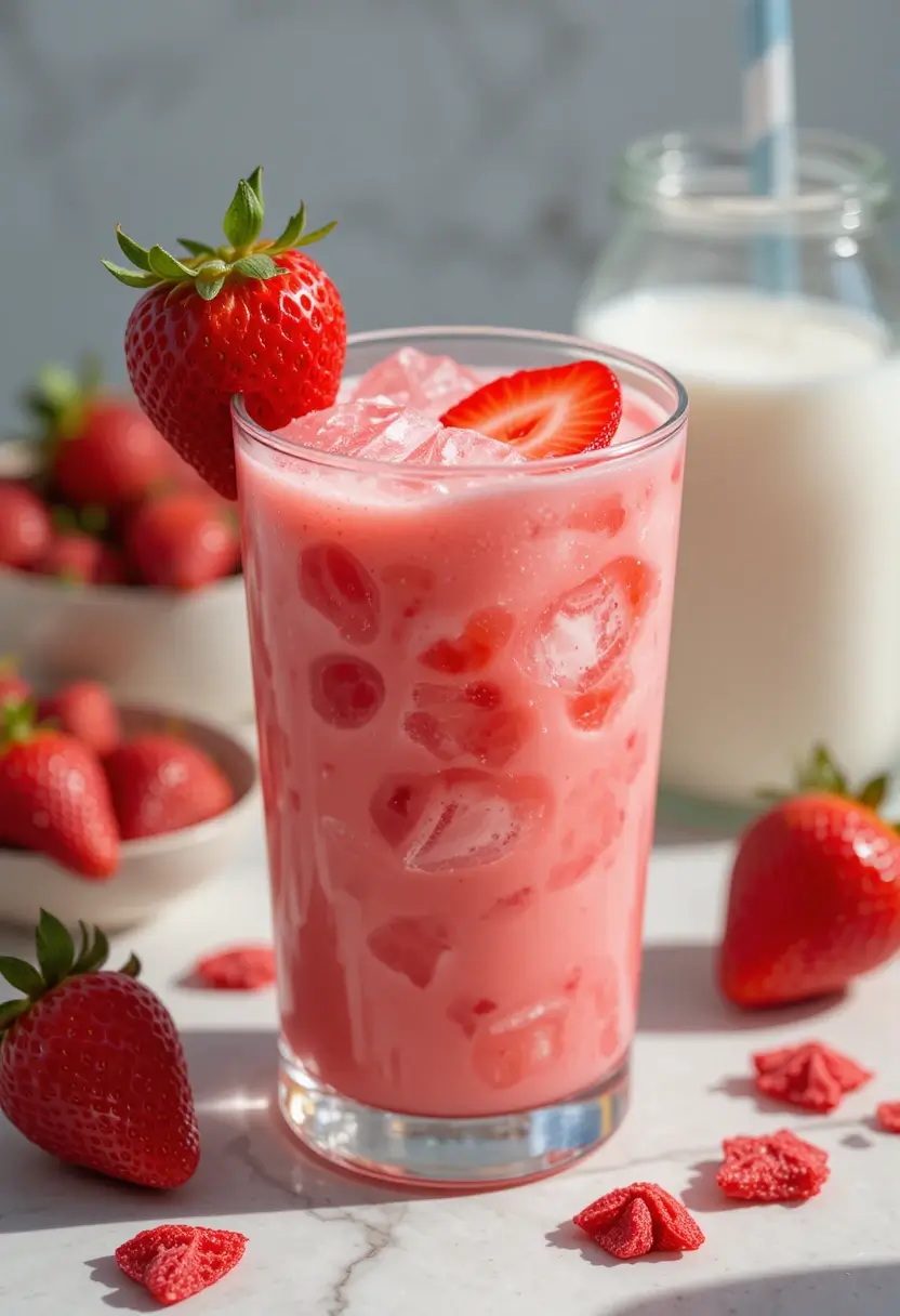 Homemade Starbucks Pink Drink served in a tall glass with ice, fresh strawberry garnish, and freeze-dried strawberries scattered on marble surface