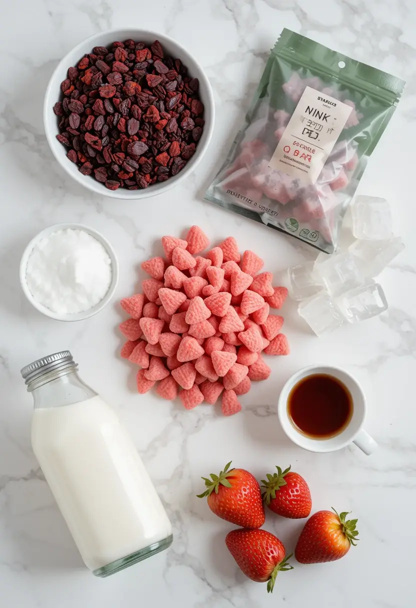 Ingredients for homemade Pink Drink including freeze-dried strawberries, fresh strawberries, coconut milk, freeze-dried strawberry pieces, sugar, tea, and ice cubes arranged on marble counter