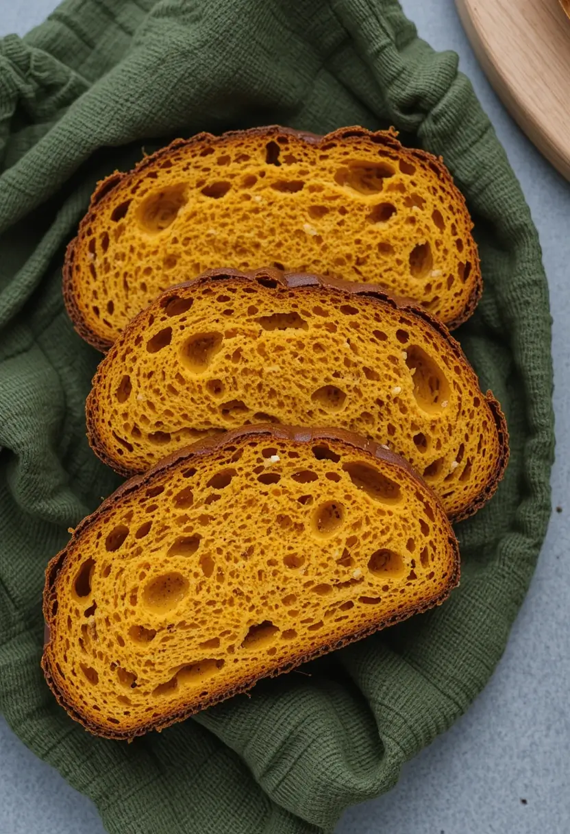 Three slices of pumpkin sourdough bread with a golden-orange crumb and airy texture resting on a green cloth.