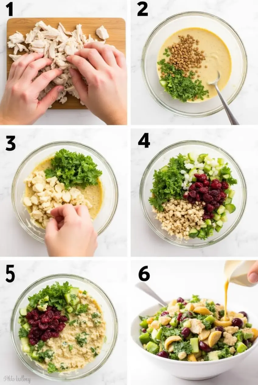 A step-by-step photo collage showing how to make rotisserie chicken salad. The process includes shredding chicken, mixing ingredients like chopped celery, parsley, dried cranberries, nuts, and a creamy dressing, and combining everything in a bowl.