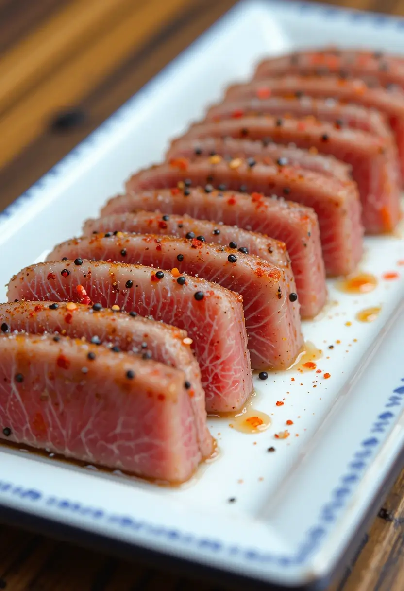 Slices of seared ahi tuna arranged neatly on a white platter, garnished with cracked pepper, red pepper flakes, and a drizzle of sauce.