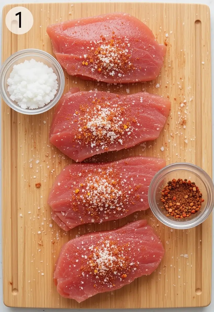 Raw ahi tuna steaks on a wooden cutting board, sprinkled with coarse salt and a dry spice blend, with two small glass bowls containing the seasoning ingredients.