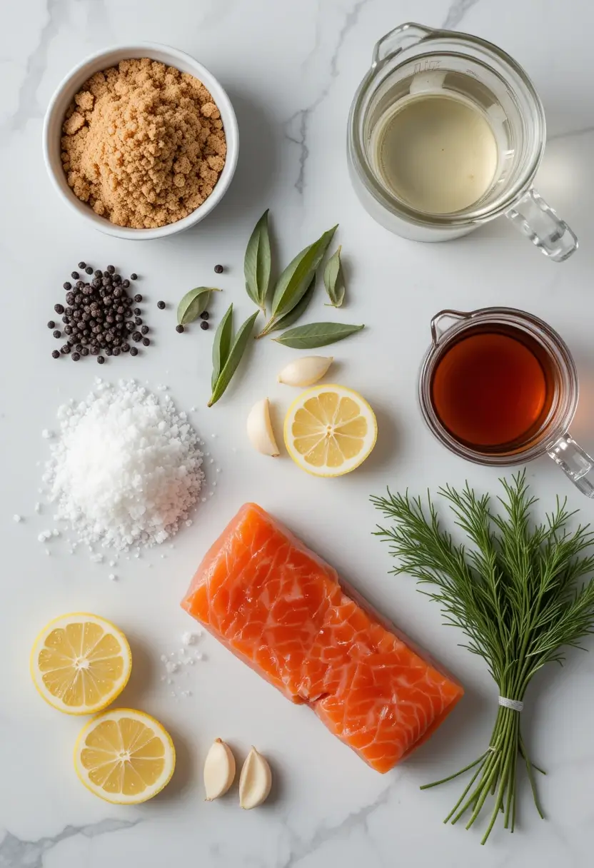 Flat lay of smoked salmon brine ingredients including a fresh salmon fillet, brown sugar, kosher salt, black peppercorns, bay leaves, garlic cloves, lemon slices, fresh dill, and liquids in glass measuring cups on a white marble surface.