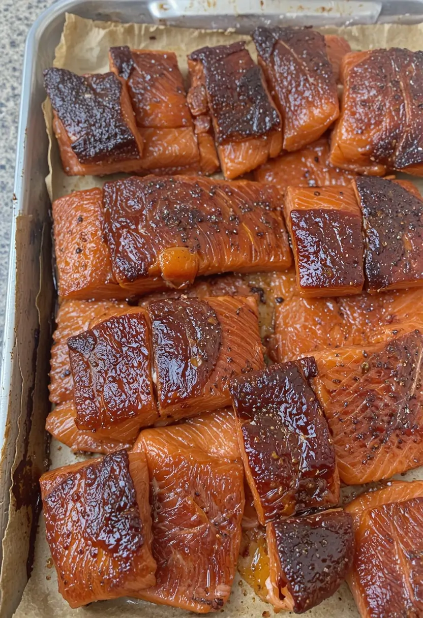 Smoked salmon portions on a parchment-lined tray with a glossy, caramelized surface from brown sugar and seasoning, showcasing the finished look after smoking.