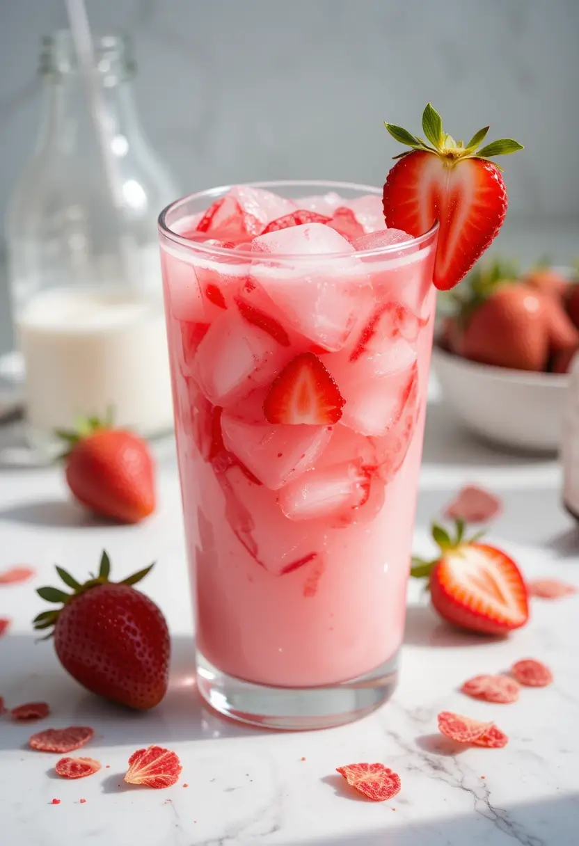 Refreshing strawberry Pink Drink with ice cubes and fresh strawberry slices, garnished with a strawberry on the rim of the glass