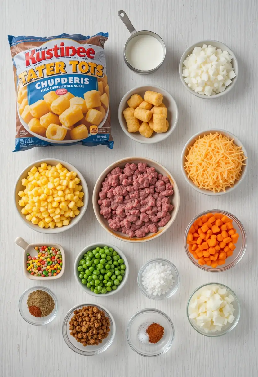 Overhead view of ingredients for tater tot casserole including packaged tater tots, raw ground beef, shredded cheese, milk, diced onions, corn, peas, carrots, and various seasonings in separate bowls on a white surface.