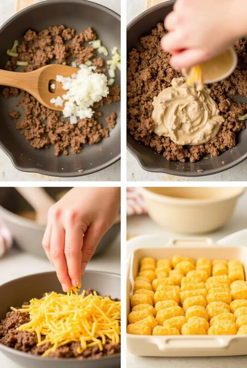 Four-step preparation process for tater tot casserole showing: browning beef with onions, adding cream sauce to the beef mixture, sprinkling cheese over the beef, and arranging tater tots in a baking dish.