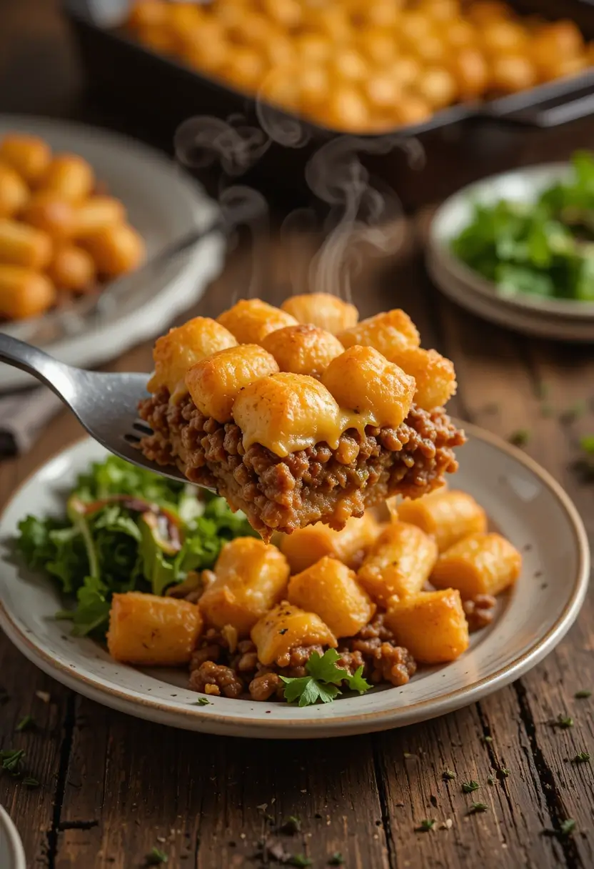 A fork lifting a bite of golden tater tot casserole with seasoned ground beef from a plate, with steam rising. Served with a side salad on a rustic wooden table.