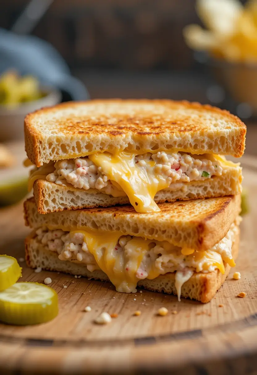 Golden brown tuna melt sandwich stacked in halves on a wooden cutting board, showing creamy tuna filling and melted cheese oozing between perfectly toasted bread slices, with potato chips and pickles visible in the background.