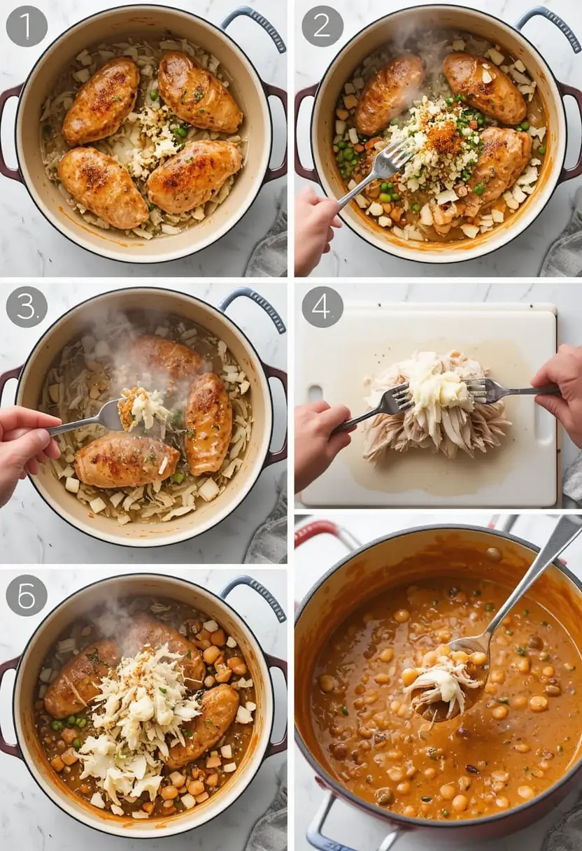 Step-by-step preparation of white chicken chili showing searing chicken, sautéing aromatics, adding spices, shredding chicken, incorporating cream, and final consistency