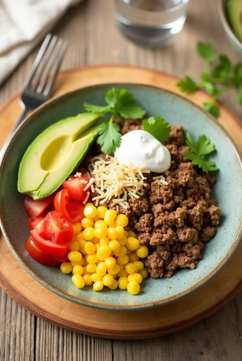 Healthy Instant Pot ground beef burrito bowl served in a blue ceramic bowl on a wooden plate featuring seasoned beef, sweet corn, cherry tomatoes, fresh avocado slices, a dollop of sour cream, and garnished with cilantro.