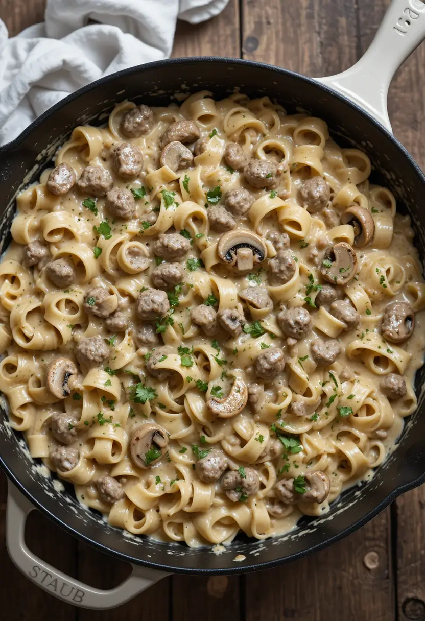 Top view of creamy tagliatelle pasta in a skillet with ground beef, sliced mushrooms, and fresh parsley garnish.