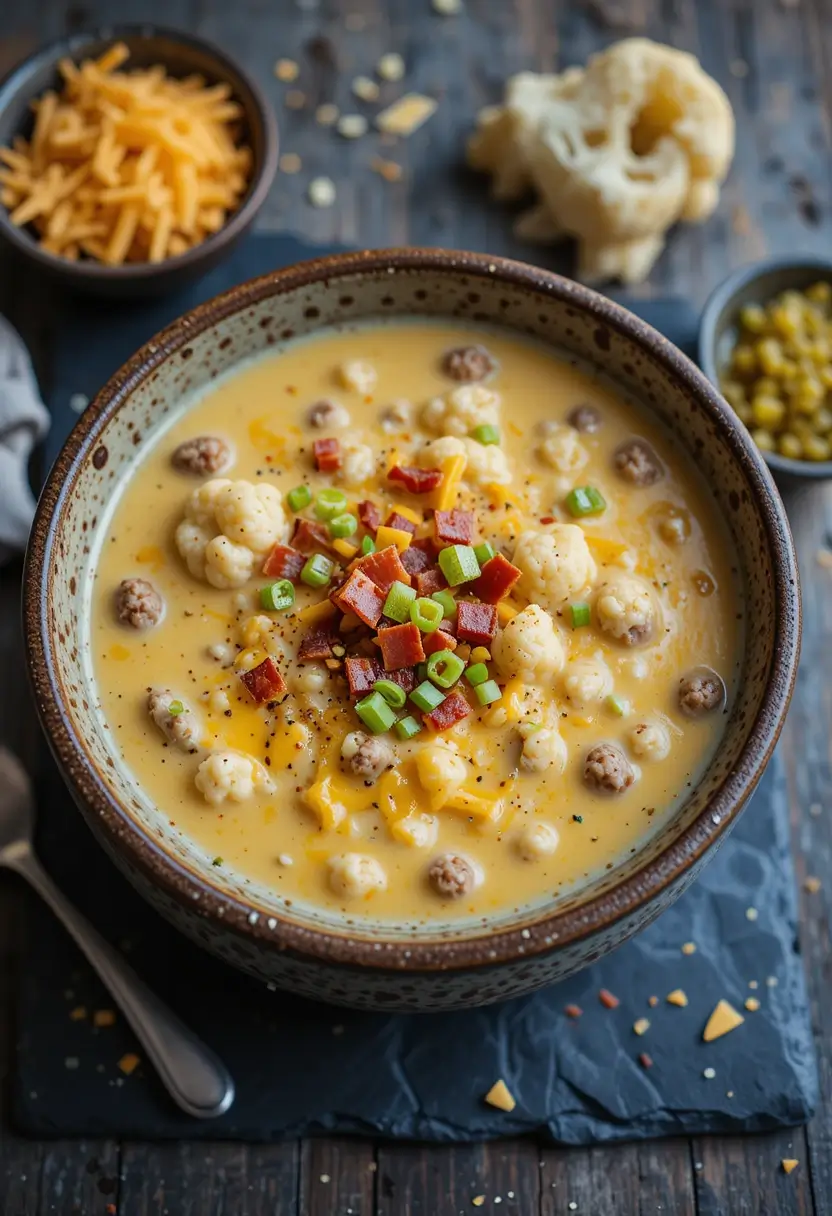 A rustic bowl filled with creamy cheeseburger soup, featuring chunks of cauliflower, ground beef, and melted cheddar cheese, topped with crispy bacon bits and chopped green onions. Surrounded by ingredients like shredded cheese, cauliflower florets, and diced pickles on a dark wooden surface.